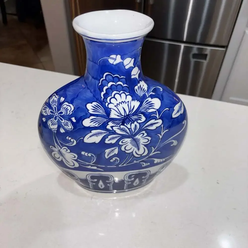 Blue and White Chinoiserie Floral Flat Ceramic Vase